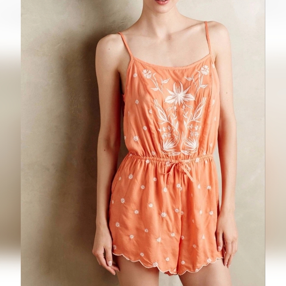 Anthropologie Eloise Elspeth Orange  Embroidered Boho Rayon Romper, Large‎